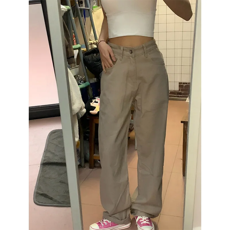 

Джинсы цвета хаки с прямыми штанинами, женские утягивающие свободные широкие брюки с высокой талией, американские брюки, весна-осень, новое поступление