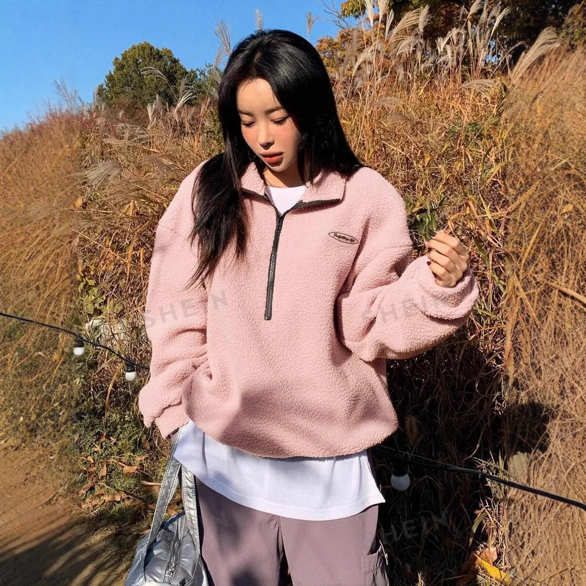 Autumn Winter Women Fleece Pullover High Neck 1/4 Zip Sweatshirts Retro Badge Green Loose Warm Teddy Outwear Harajuku Clothing