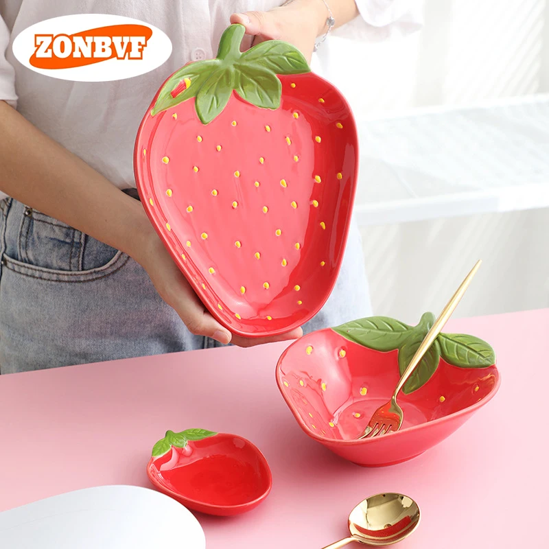 Cartoon Strawberry Shaped Ceramic Sauce Dish Tableware Creative Fruit Sushi Dessert Cake Plates High Aesthetic Breakfast Dishes