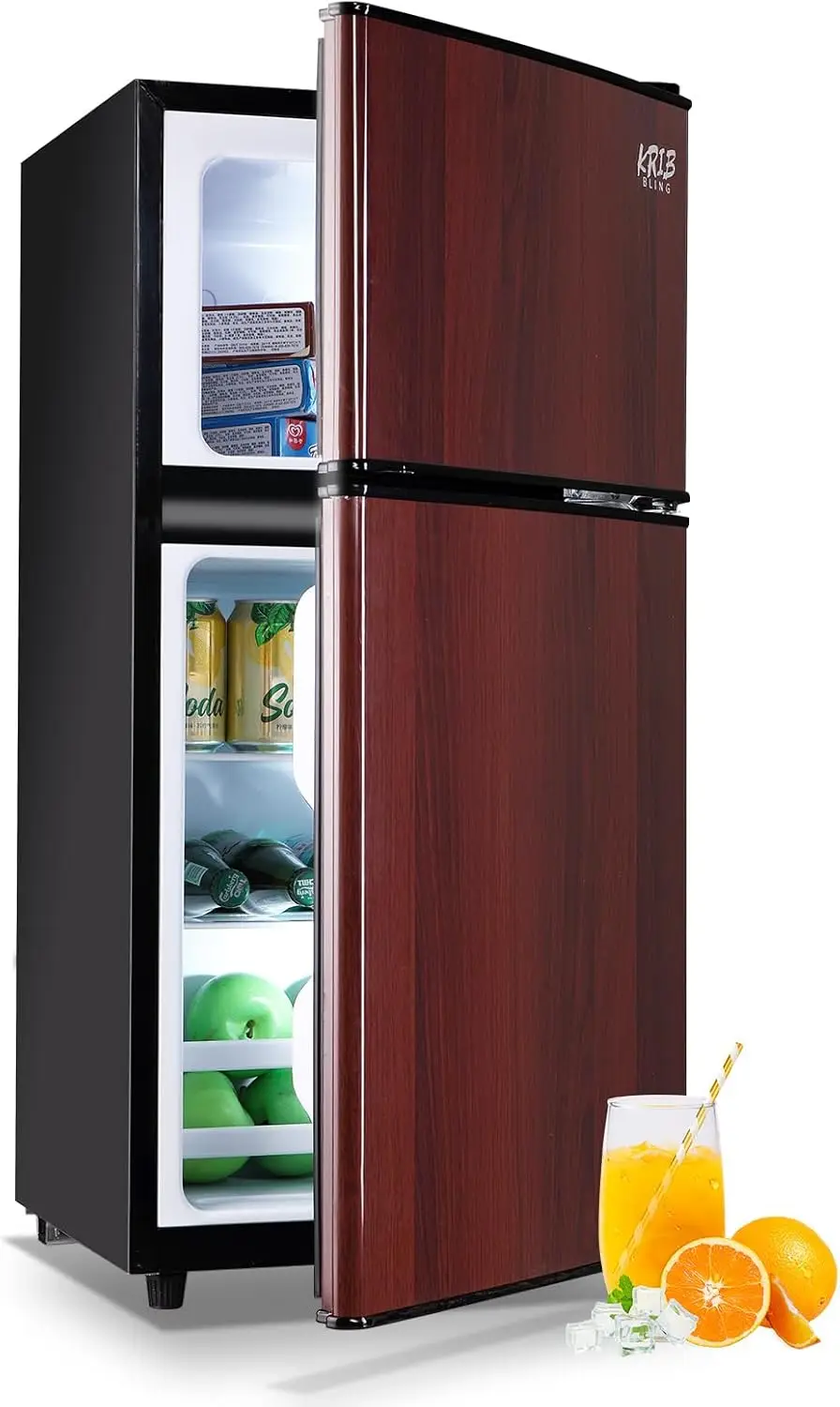 Refrigerador KRIB BLING con congelador de 3,2 pies cúbicos con control de termostato ajustable de 7 niveles, 2 puertas, ahorro de energía compacto