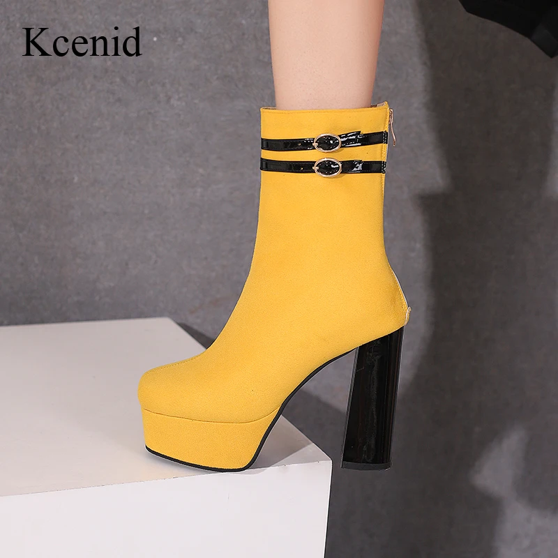 

Kcenid Women High Heels Platform Boots 2024 Winter Flock Short Plush Ankle Boots For Women Fashion Yellow Round Toe Party Shoes