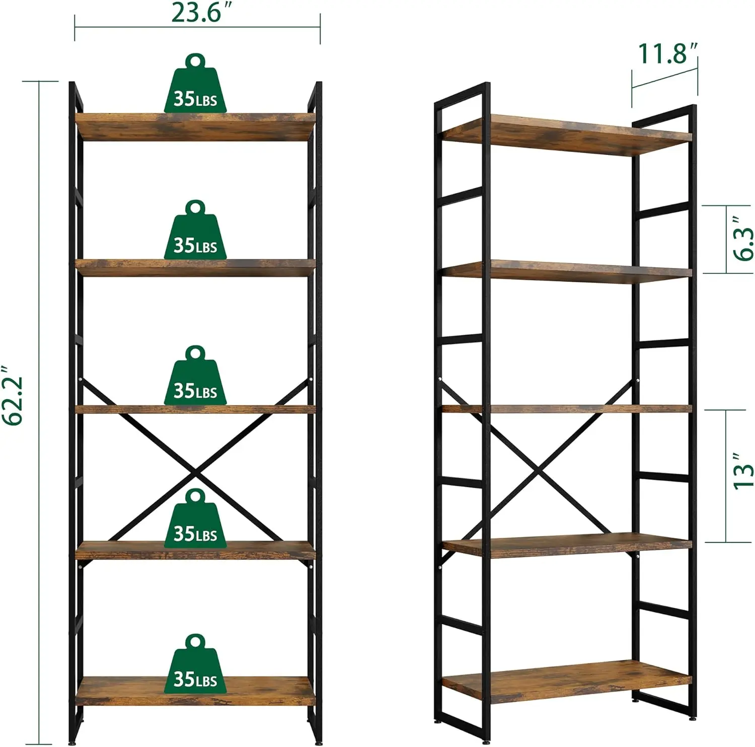 Étagère à livres industrielle T1 à 5 niveaux, support de livre moderne, chambre à coucher, salon, maison, bureau, étagères de rangement, 2 pièces