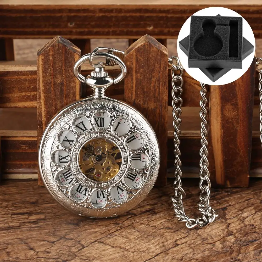 

Элегантные ретро механические карманные часы с ручным заводом и 12 прозрачными полыми отверстиями, римские цифры, циферблат, часы с подвеской на цепочке FOB