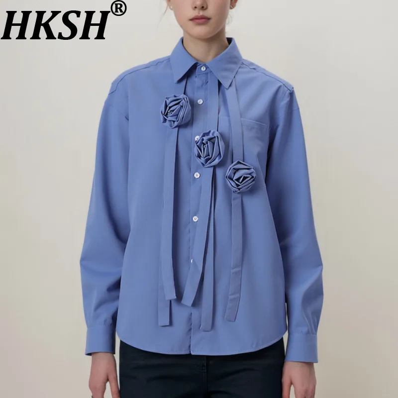 

HKSH Spring Autumn New Women Shirt Single Breasted Three-Dimensional Flower Ribbon Elegant Fashion Versatile Casual Tops HK11996