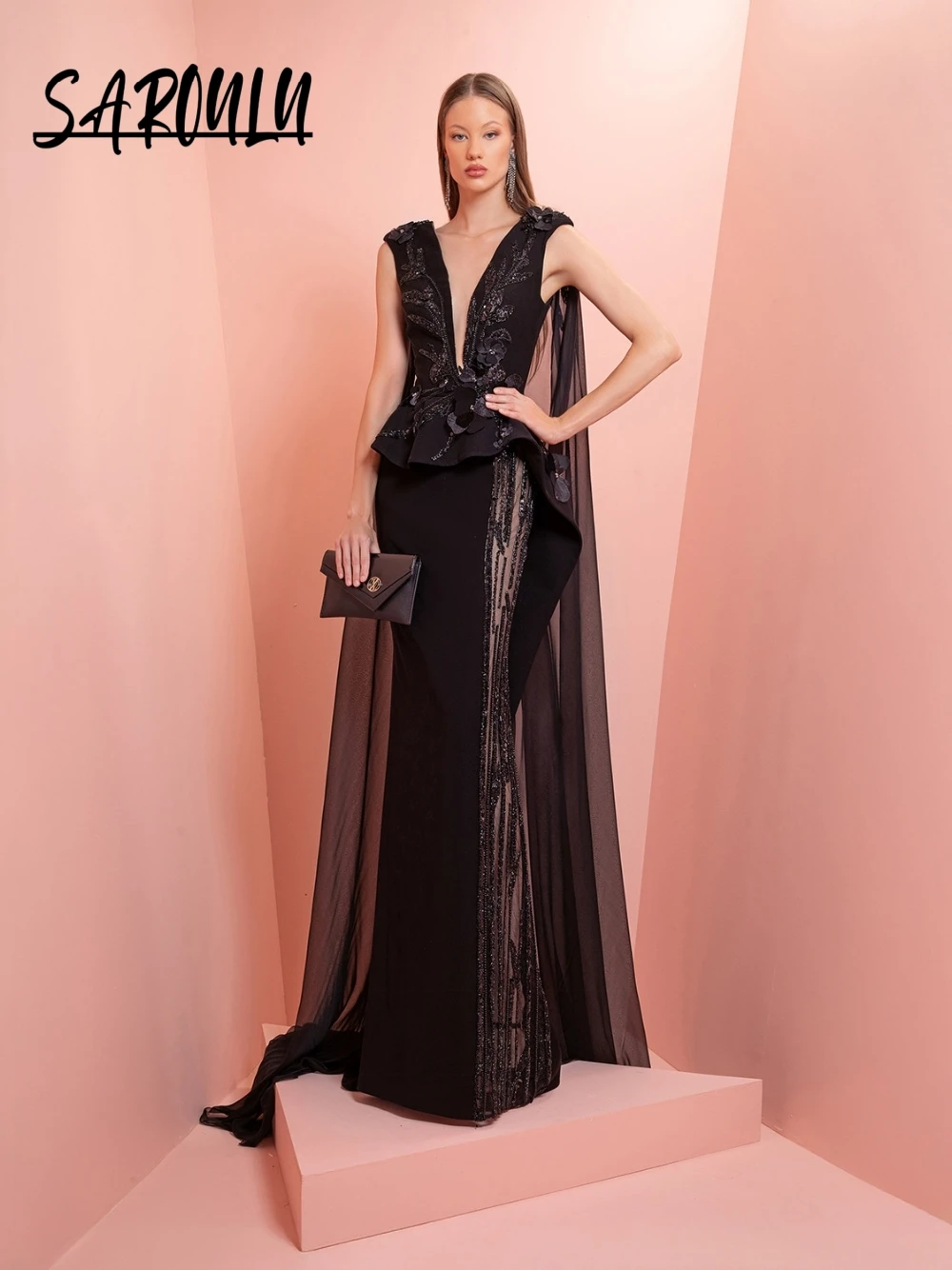 

Floral Beads Sexy Deep V Neckline Prom Dress With Long Cape Newest Modern Sequined Illusion Charming Evening Gown Customized