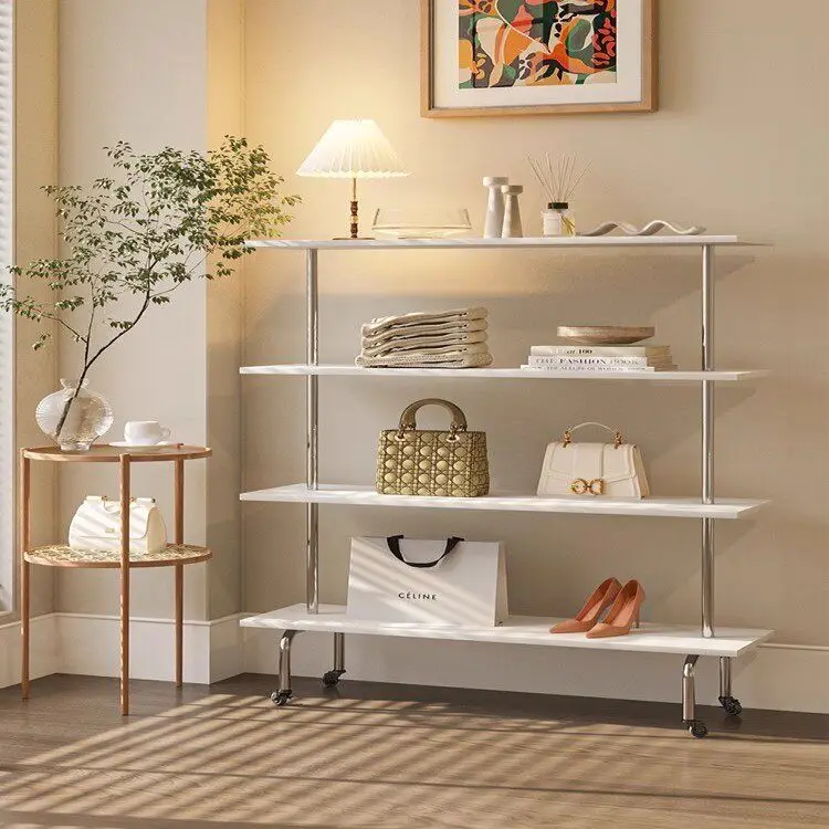 Stainless Steel Shoe Bag Display Rack, Floor-Standing Mobile Multi-Layer Storage Shelf for Home & Store
