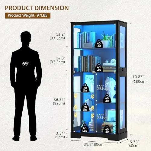 71” Glass Display Cabinet with RGB Light for Collectibles - Black | 4mm Tempered Glass Doors, 7-Tiers Large Storage view 2