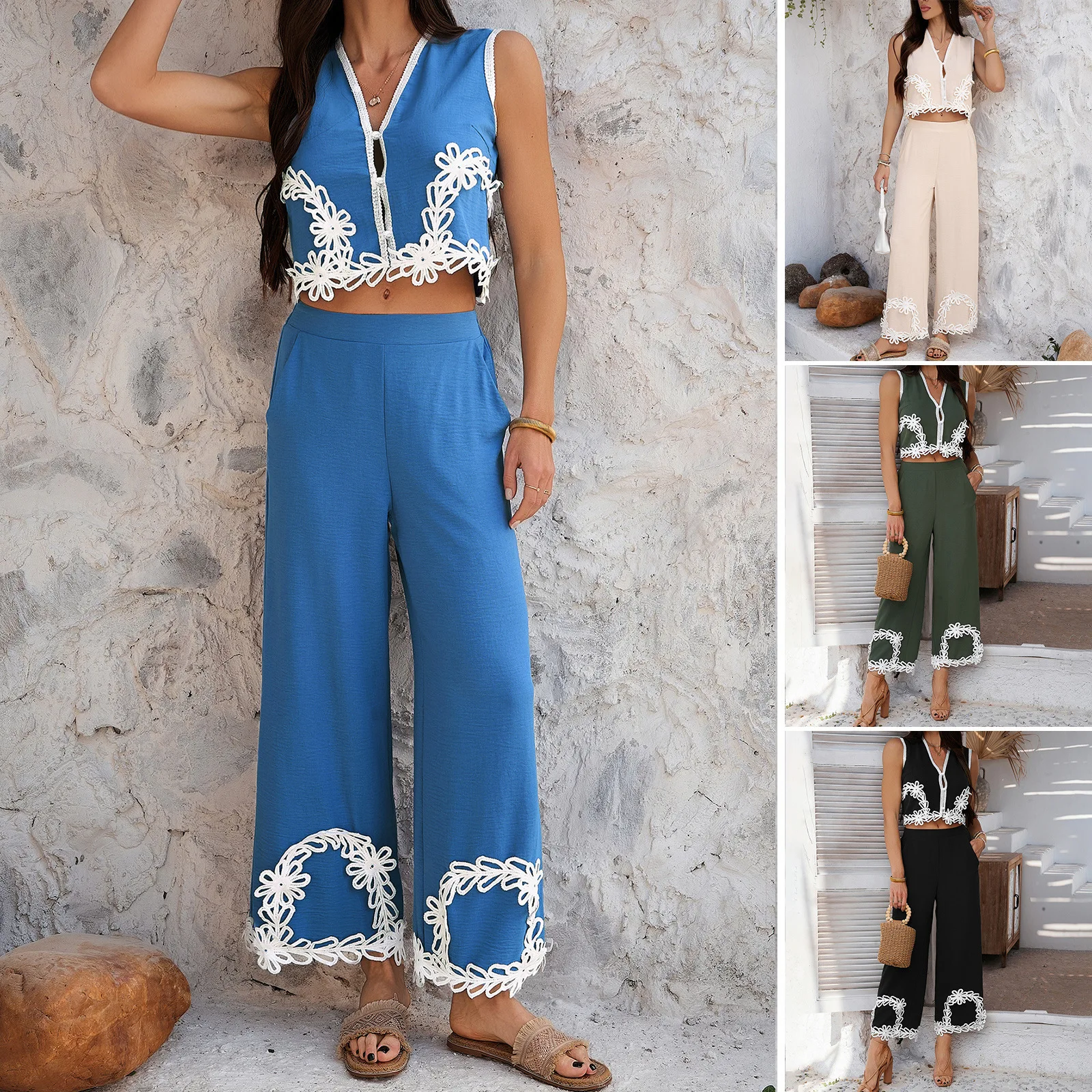 

2025 Spring And Summer Cross-border Amazon Leisure Vacation Storm Bomisia Geometric Contrasting Pants Suit Women