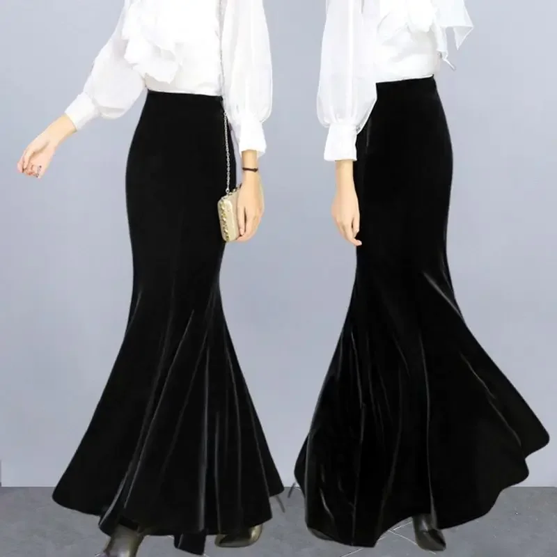 

New Arrivals Temperament High Waist French Fishtail Skirt Autumn and Winter Skirt 2025 Maillard Golden Velvet Skirts Longuette