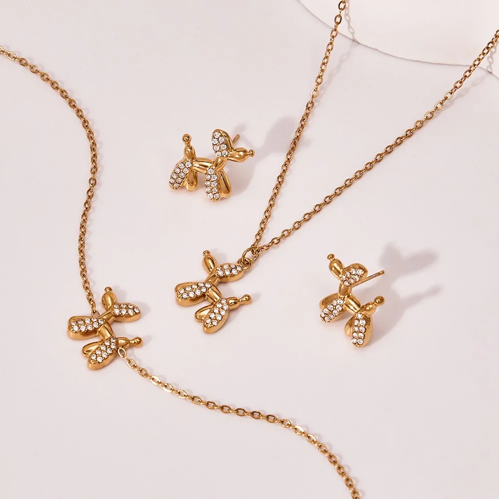 

Balloon Dog Pendant Necklace Bracelet Earrings 18k Gold Plated Stainless Steel Chain Necklaces Bracelets Ear Studs for Women