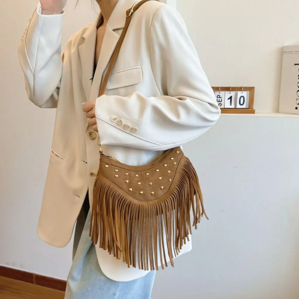 

Korean Style Tassel Shoulder Bag Rivet Vintage Suede Crossbody Bag Bohemian Style PU Leather Ethnic Style Handbag Office Worker