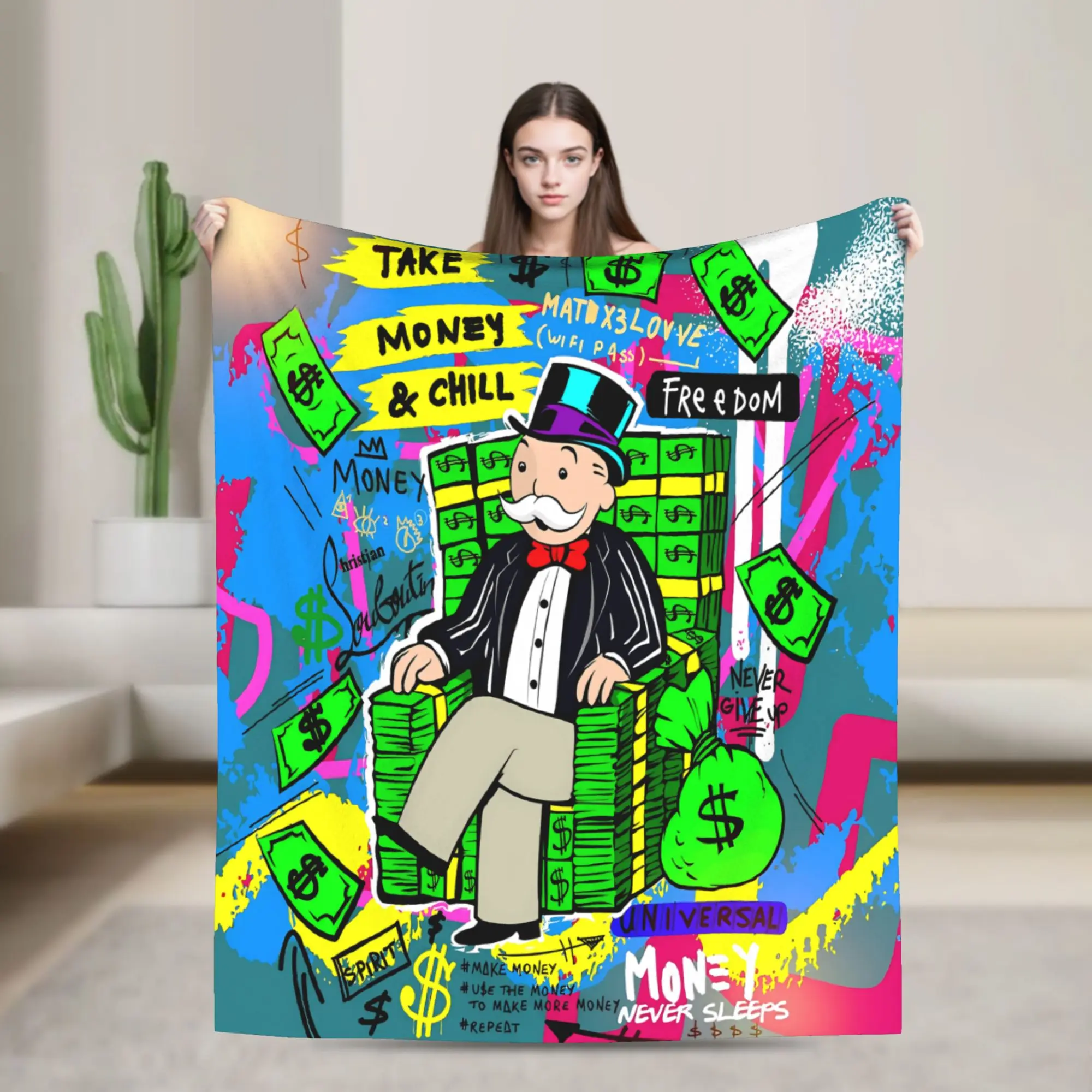 Soft Warm Blankets Travel Monopolys Money Dance Throw Blanket  Flannel Bedspread For Home Decor Funny Sofa Bed Cover