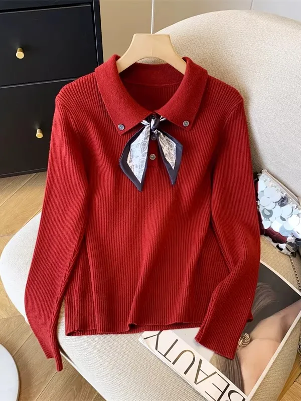 

Корейский вязаный свитер с шарфом Sle Ne, женский осенне-зимний утягивающий теплый красный свитер, универсальный, уменьшающий возраст, модный