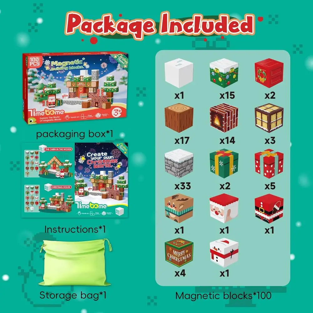 Set di blocchi magnetici da 100 pezzi, giocattoli educativi STEM per bambini dai 3 ai 10 anni, ispirati al Montessori (edizione natalizia)
