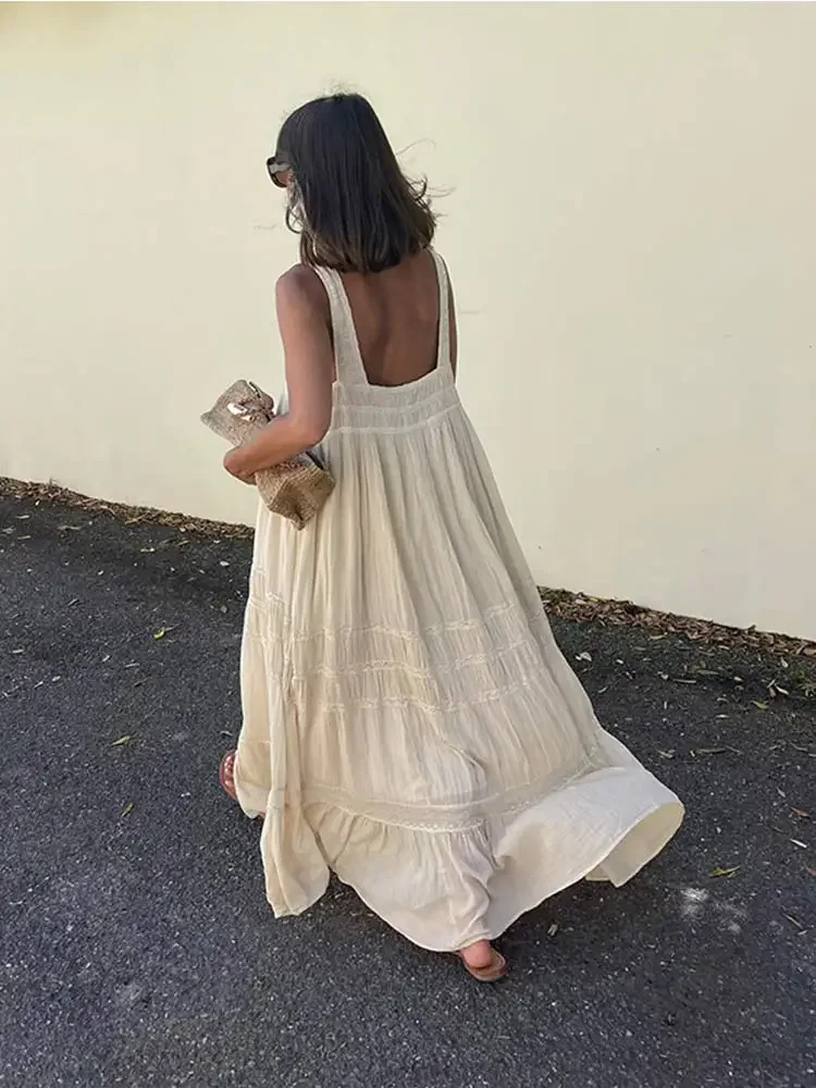 Women\'s Backless Ruffles Strap Dresses Elegant Pleated Off Shoulder Loose Long Dress 2024 Summer Causal Lady Holiday Beach Robes