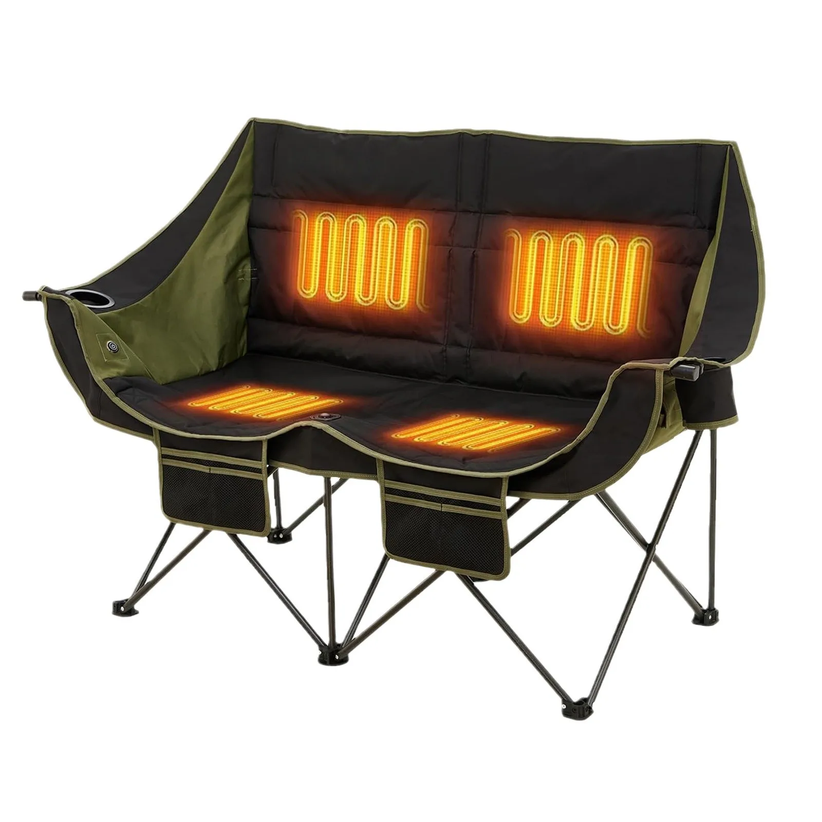 

Heated Double Camping Chair, Oversized for 2 Adults Portable Folding Couch Padded Comfortable with 3 Heat Level for Outdoor Lawn