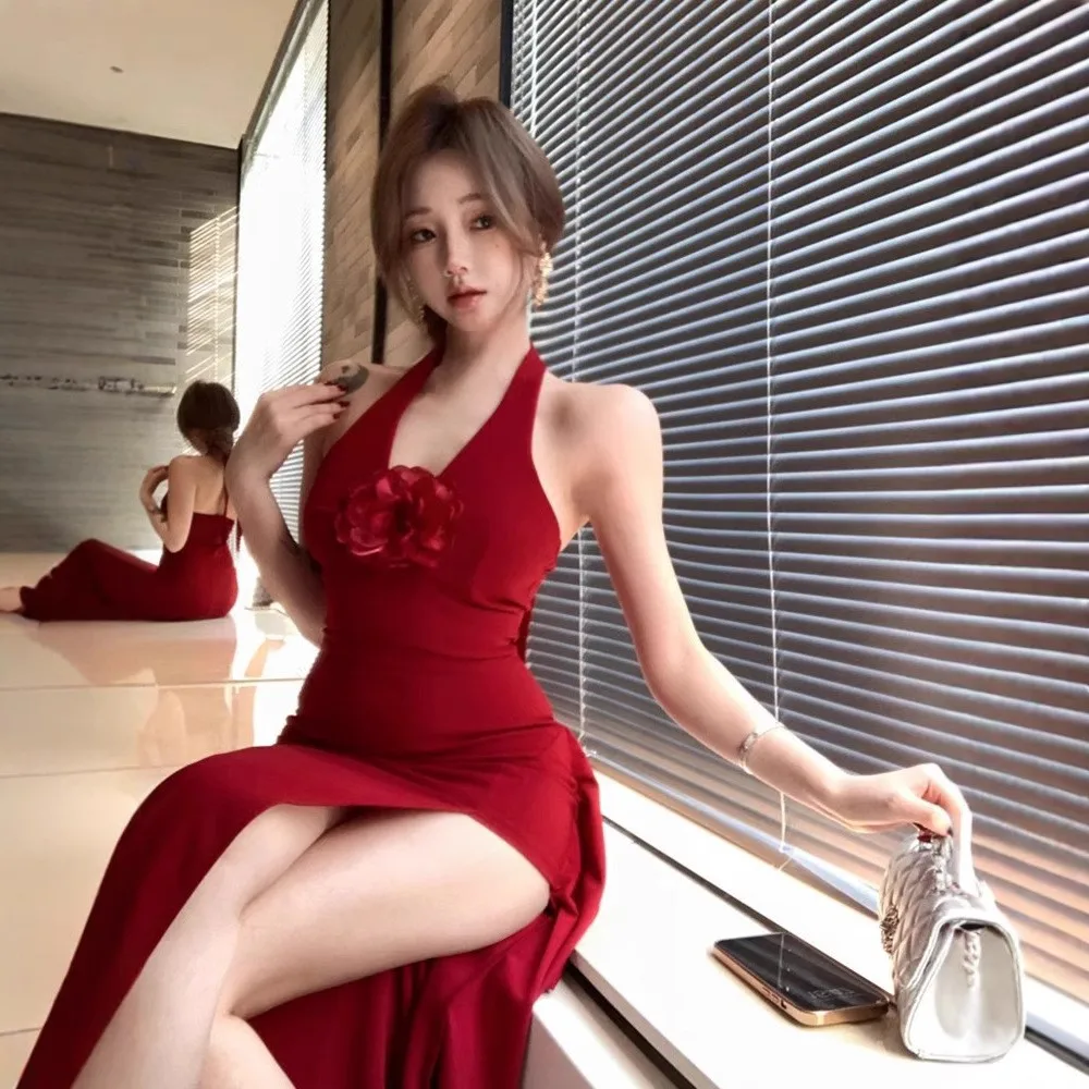 Dresses 2025 Woman Halter Neck Leace-up Backless Slim Solid Color Slit Elegant Temperament Trendy Fashion 3d Flowers Hot Style