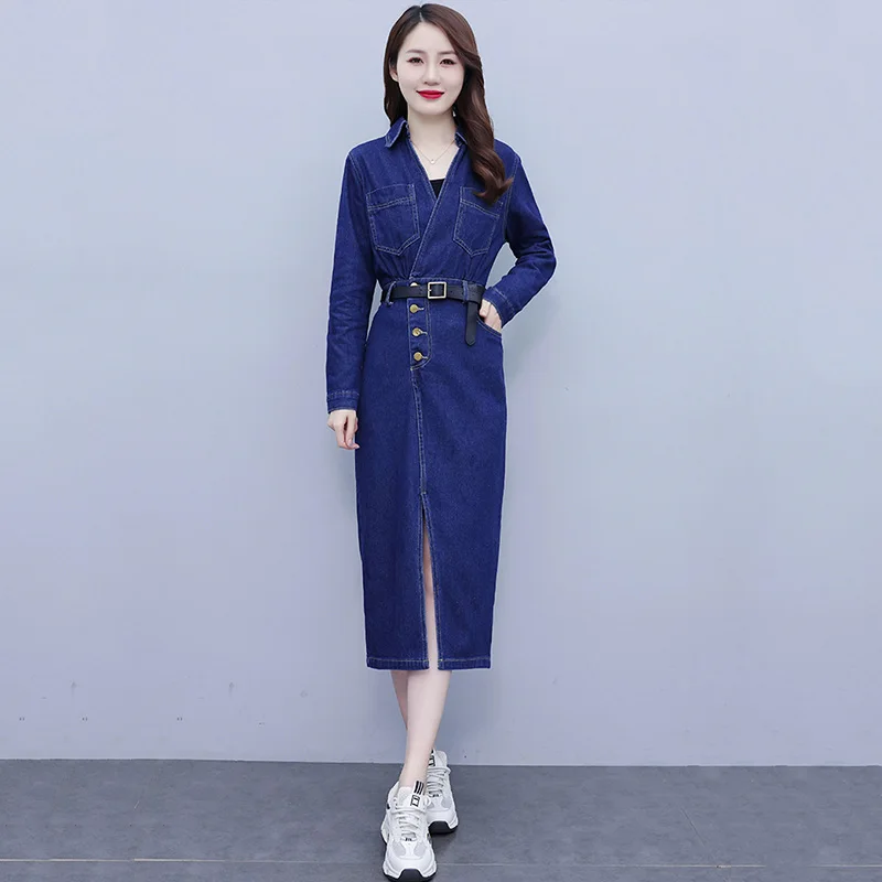 

V-neck Irregular Women Denim Dress with Belt 2024 New Spring Summer High Waist Slit Elegant Feamle Long Jean Dresses S-XXXL