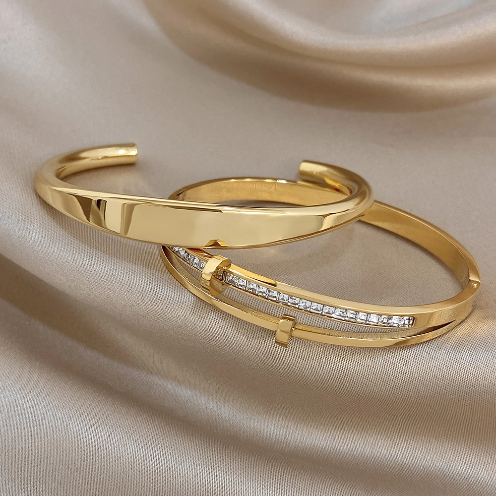 AENSOA Interlaced Line Round Buckle Cuff Bracelets Delicacy Smooth-surface Stainless Steel Simple Women's Bangle Best-selling