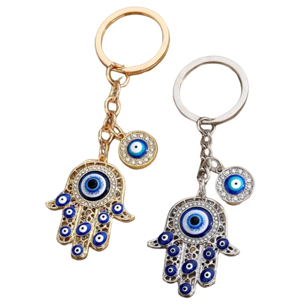 Fashion Blue Evil Eyes Hand Shaped Keychains Exquisite Rhinestone Metal Keyrings for Women Men Car Handbag Phone Pendant Gifts