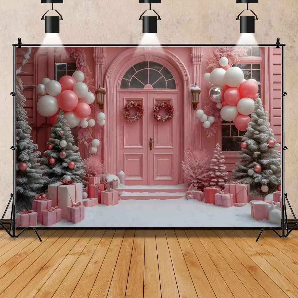 الوردي عيد الميلاد متجر خلفية الشتاء الوردي شجرة عيد الميلاد كرات هدية مربع ندفة الثلج الأسرة عطلة حزب ديكور التصوير الخلفية