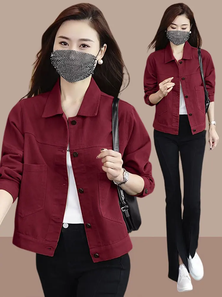 

Wine Red Color Slimming Vintage Denim Jacket Women's Style 2026 New Spring Autumn Top Quality Short Coat Commute Style