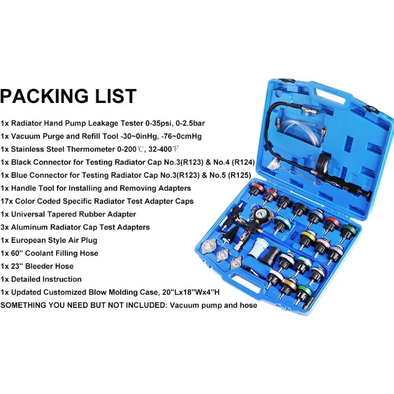 28Pcs Universal Master Car Radiator Pressure Tester & Vacuum Type Cooling System Refill Kit