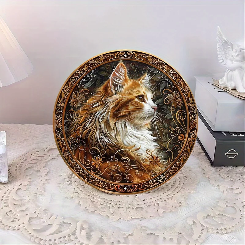 Round Aluminum Metal Sign with HD Printed Golden and White, Cat Image, Durable, Weather-Resistant Door Hanger, Wall Decor