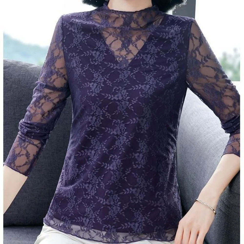 Fake V Neck Women Lace Shirt Stretchy Mesh Long Sleeve Long Sleeve Top Hides Extra Fat Floral Lace Layering Shirt Daily Outfit