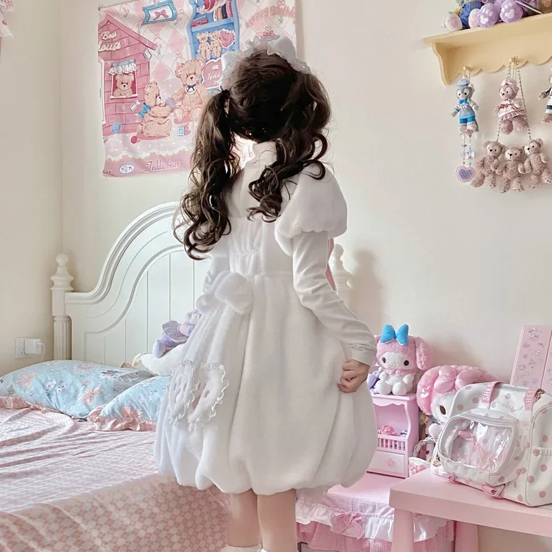 Meow Planet ~ Sweet Winter Lolita Dress Thick Warm Plush Short Sleeve Bubble Dress by Yomi 2025