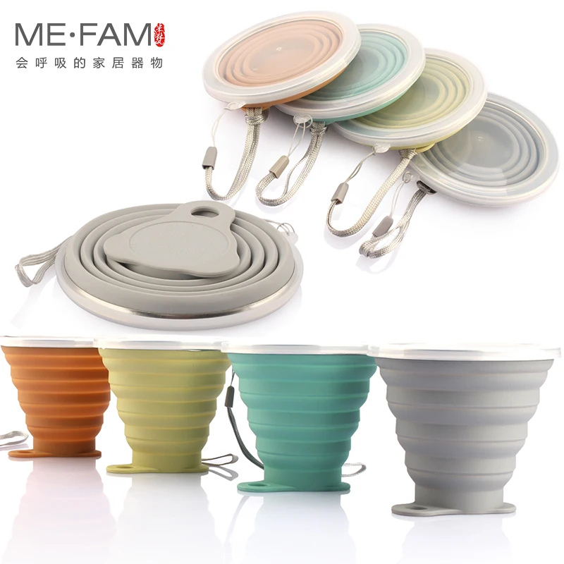ME.FAM 270ml Stainless Steel Silicone Folding Cup With Lanyard / Dustproof Cover Lid Outdoor Coffee Cups Retractable Travel Copa
