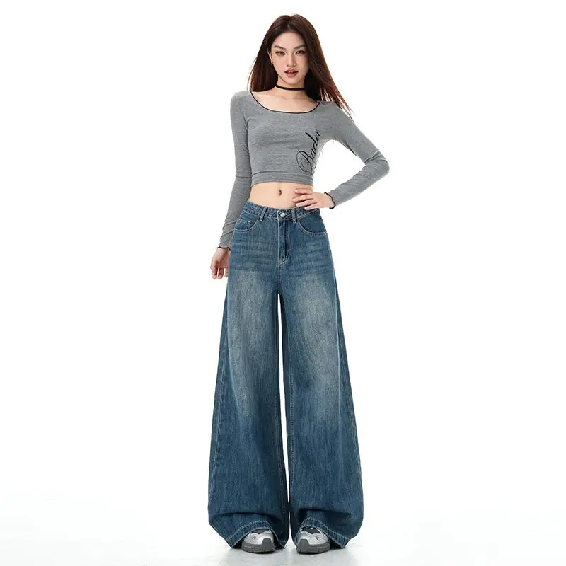 

Autumn Full Length Wide Leg Distressed Jean Women Spliced High Waist Washed Denim Pants Zipper Fly Vintage Pockets Loose Fit