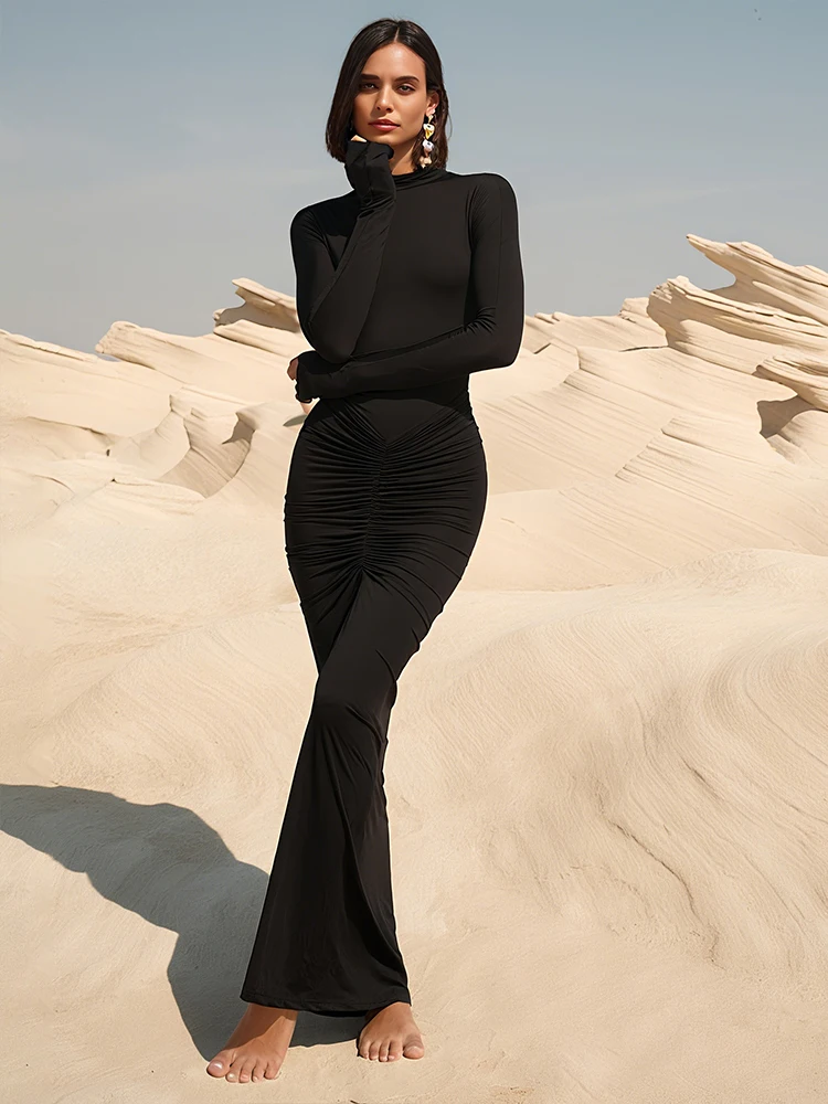 kliou Shirring Classic Women Maxi Dress High Street Autumn New Solid Turleneck Long Sleeve Bodycon Ladies Elegant Trend Vestidos