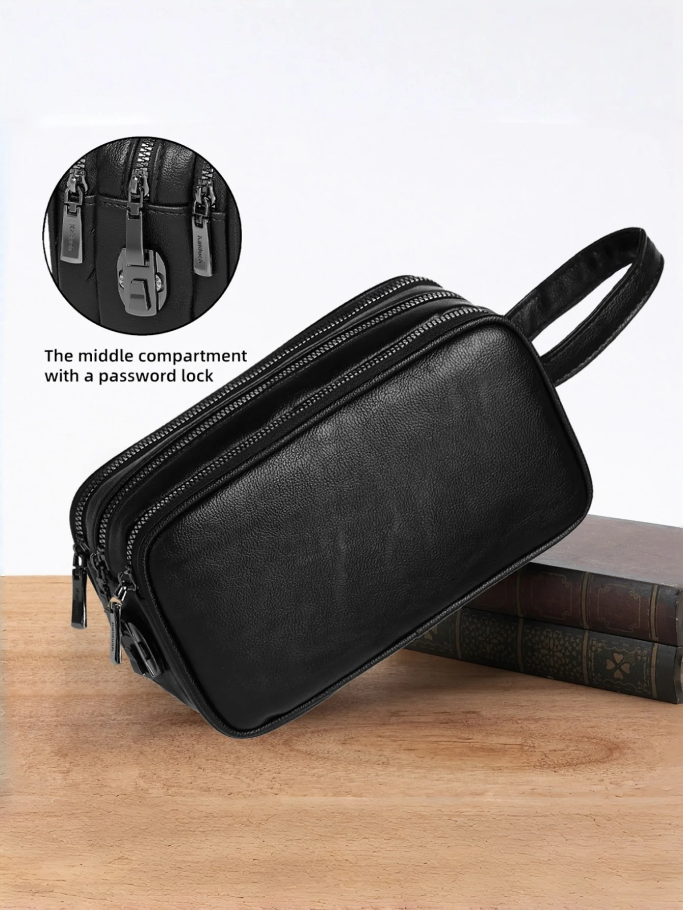 

Men's Clutch Bag with Password Lock Black Textured Multiple Compartments Men's Handbag with Zipper