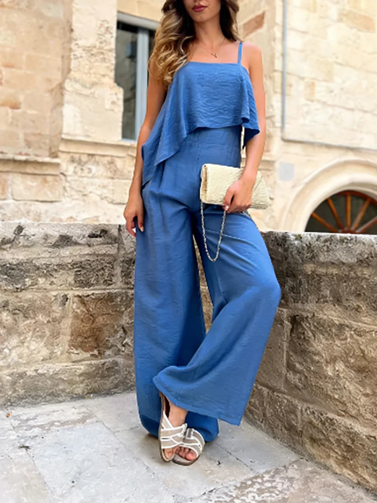 

Summer Sleeveless Halter Commute Playsuits Overalls Elegant Women Vacation Romper Fashion Design Style Ruffles Wide Leg Jumpsuit