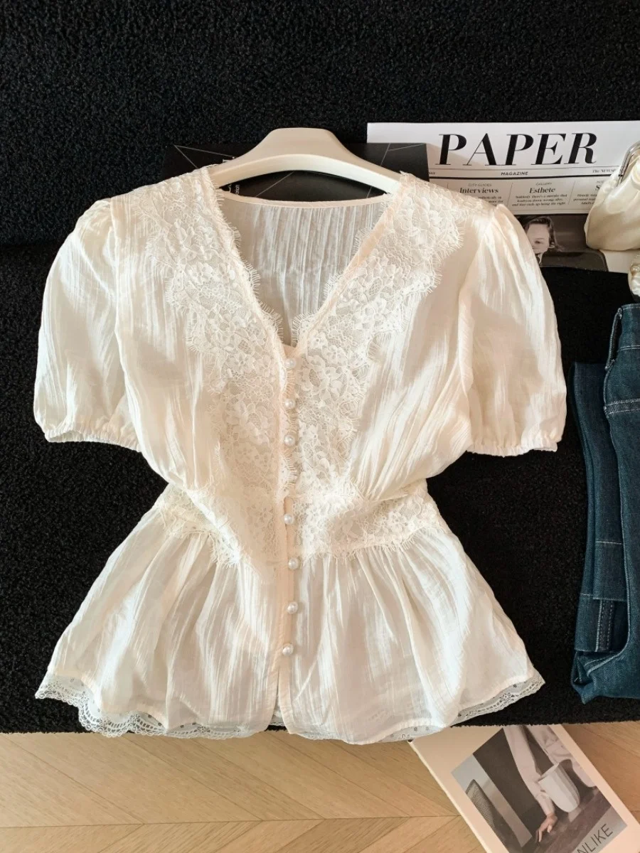 

Elegant Pearlescent Lace Embroidery V-Neck Short Sleeve Women's Chiffon Shirt Summer New Style Unique Beautiful Pearl Buttons