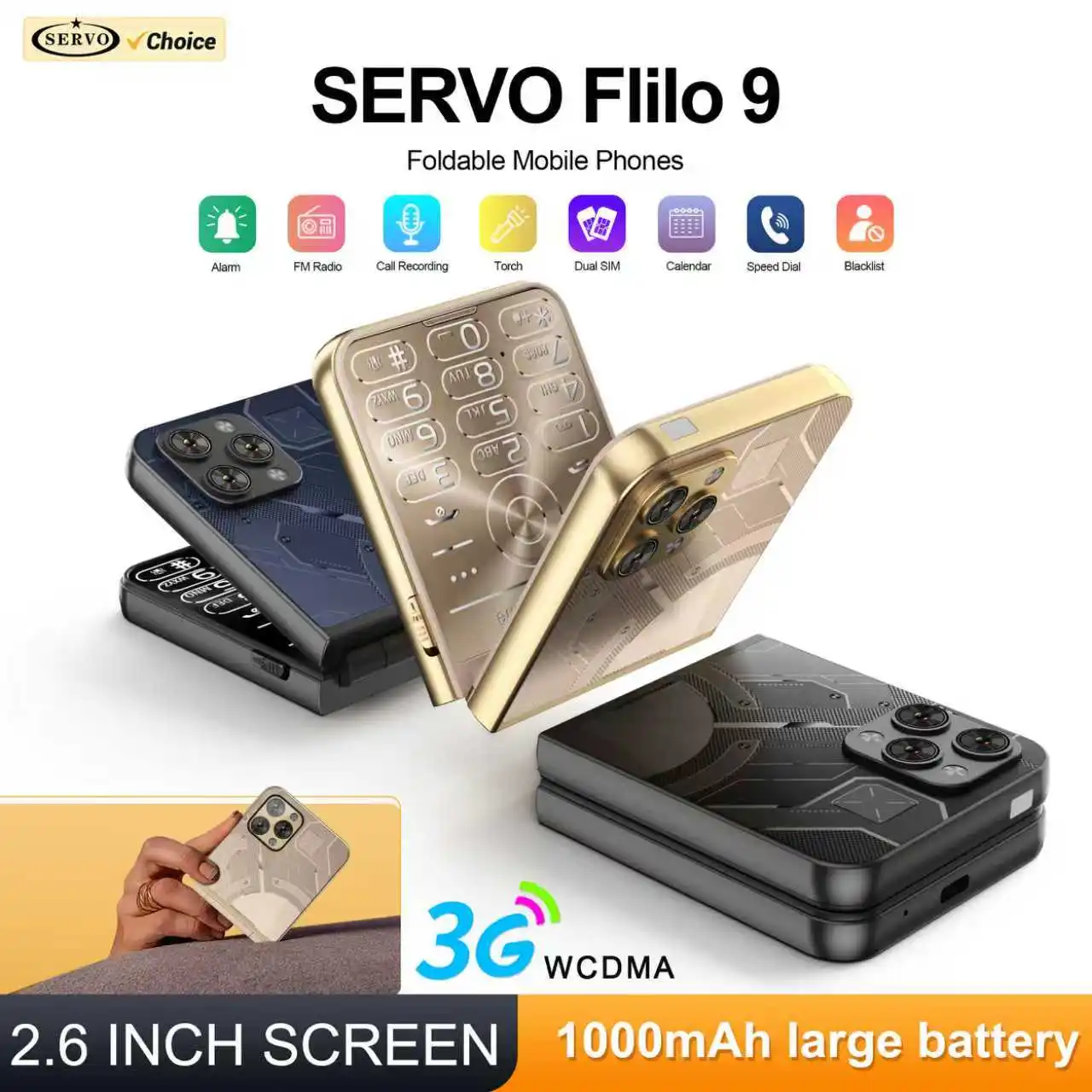 SERVO Flilo9 Foldable Mobile Phone 3G WCDMA Dual SIM Standby Speed Dial Call Recording FM Radio Blacklist Button Flip Cellphones