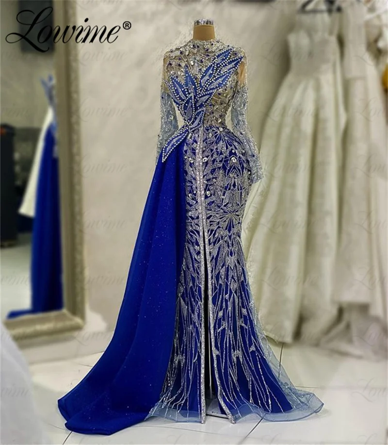 Aso Ebi Crystals Blue Party Dress for Weddings Beaded Long Sleeve Second Reception Prom Engagement Gowns Arabic Evening Dresses