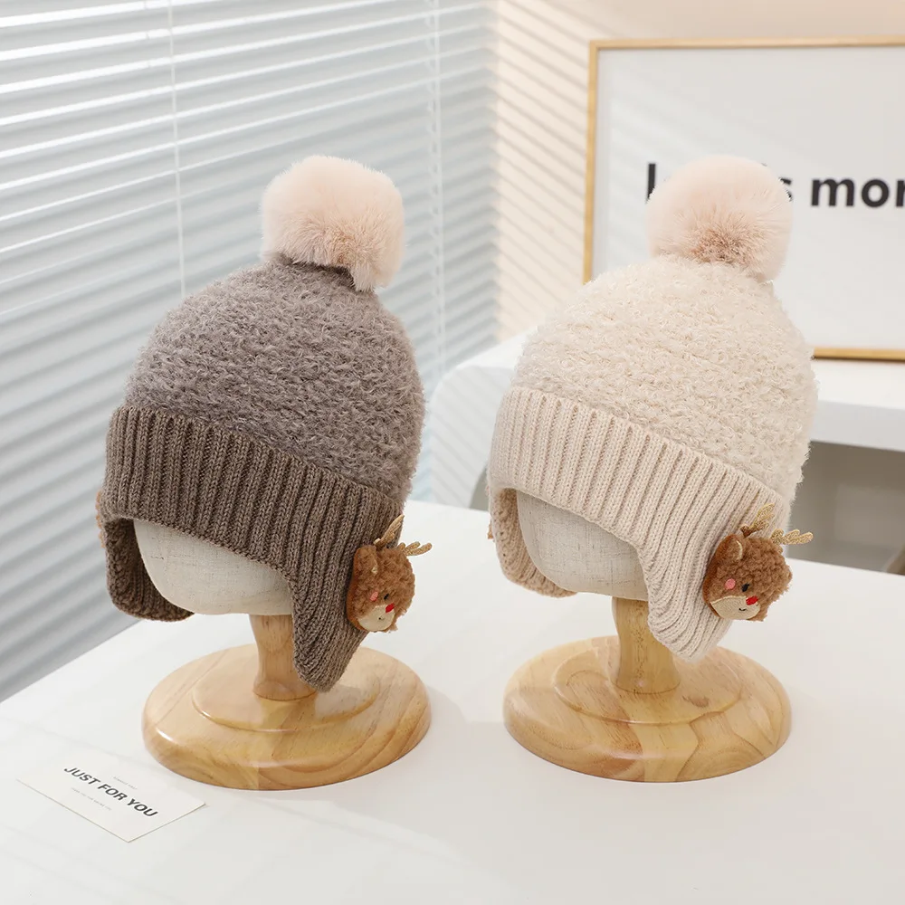 Cute Antler Baby Knitted Woolen Beanie Winter Infant Ear Protection Cap Cartoon Toddler Warm Tie Bonnet Kids Christmas Hat