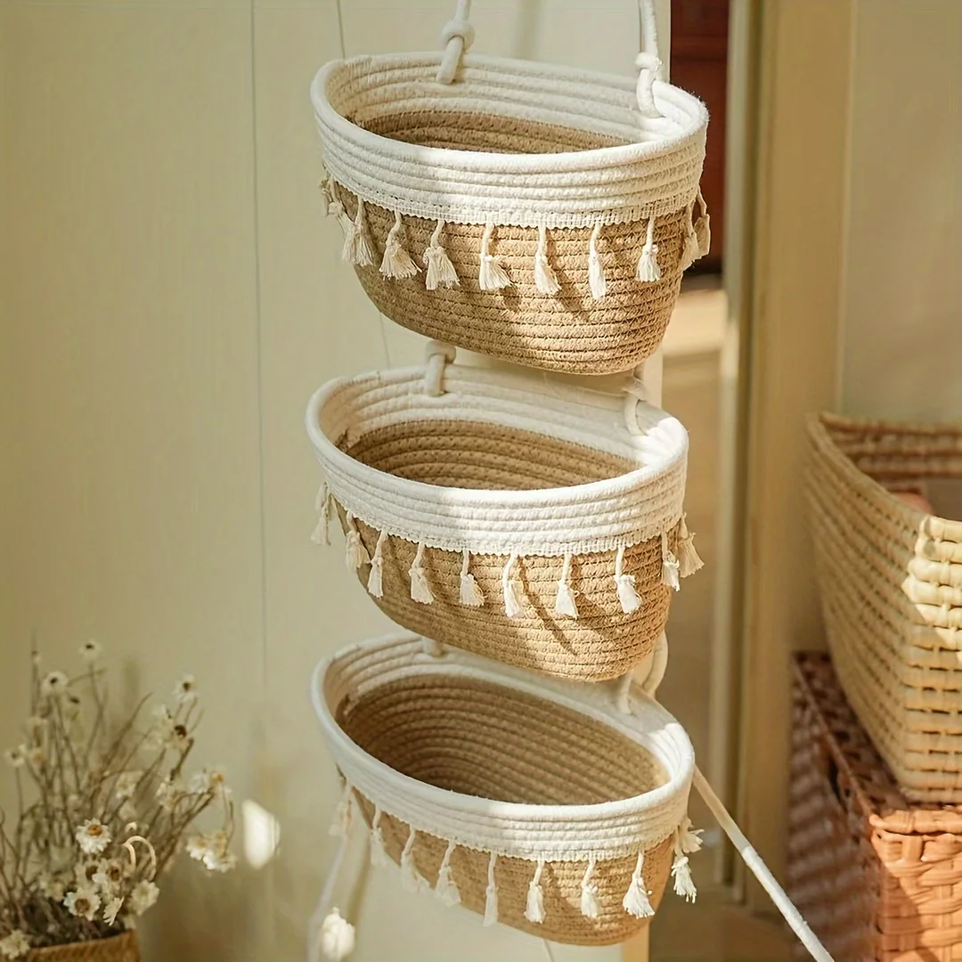 storage objects wall hanging bag woven wall hanginghree-layer double coffee color tassel hanging basket Storage basket