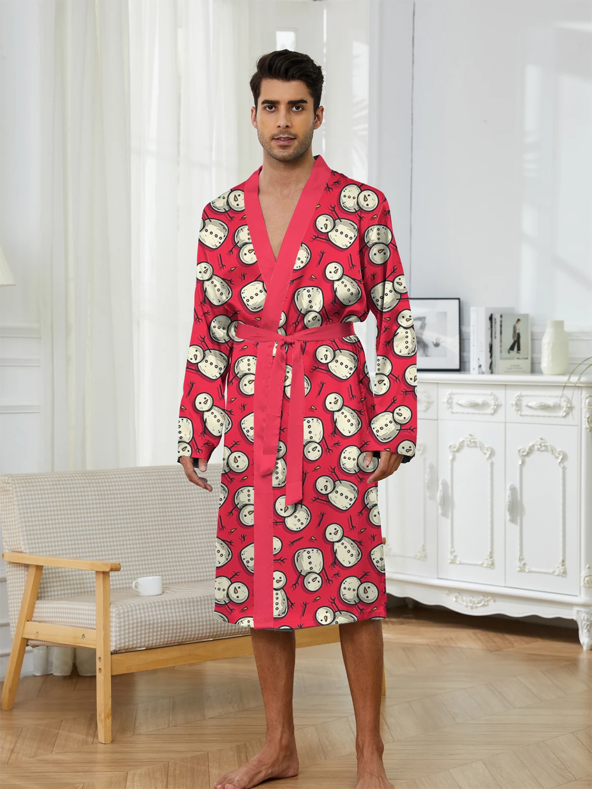 

Snowman pattern digital printed Men's pajamas, a fast drying trendy and comfortable home casual Men's bathrobe.