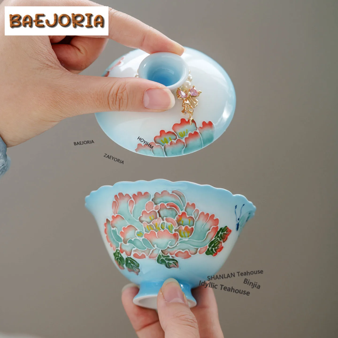 

90ml Pile Carving Hand-painted Azure Peony Gaiwan Luxury Tea Tureen Tea Bowl With Lid Kit Tea Maker Cover Bowl Cha Decoration