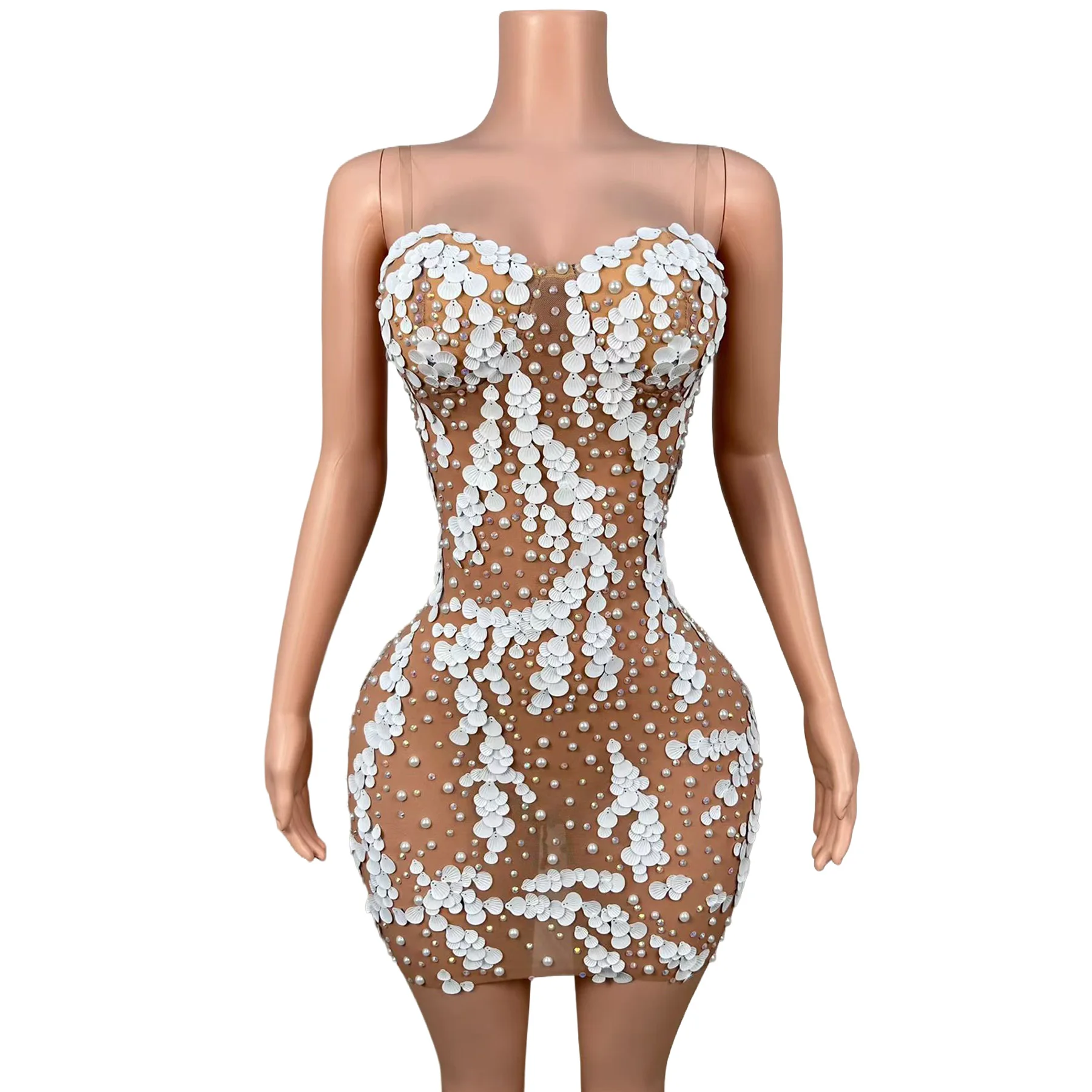 Baiyang Luxury White 3D Petal Sequin Rhinestone Mesh Mini Dress Sweetheart Neckline Slim Fit Evening Party Stage Costume