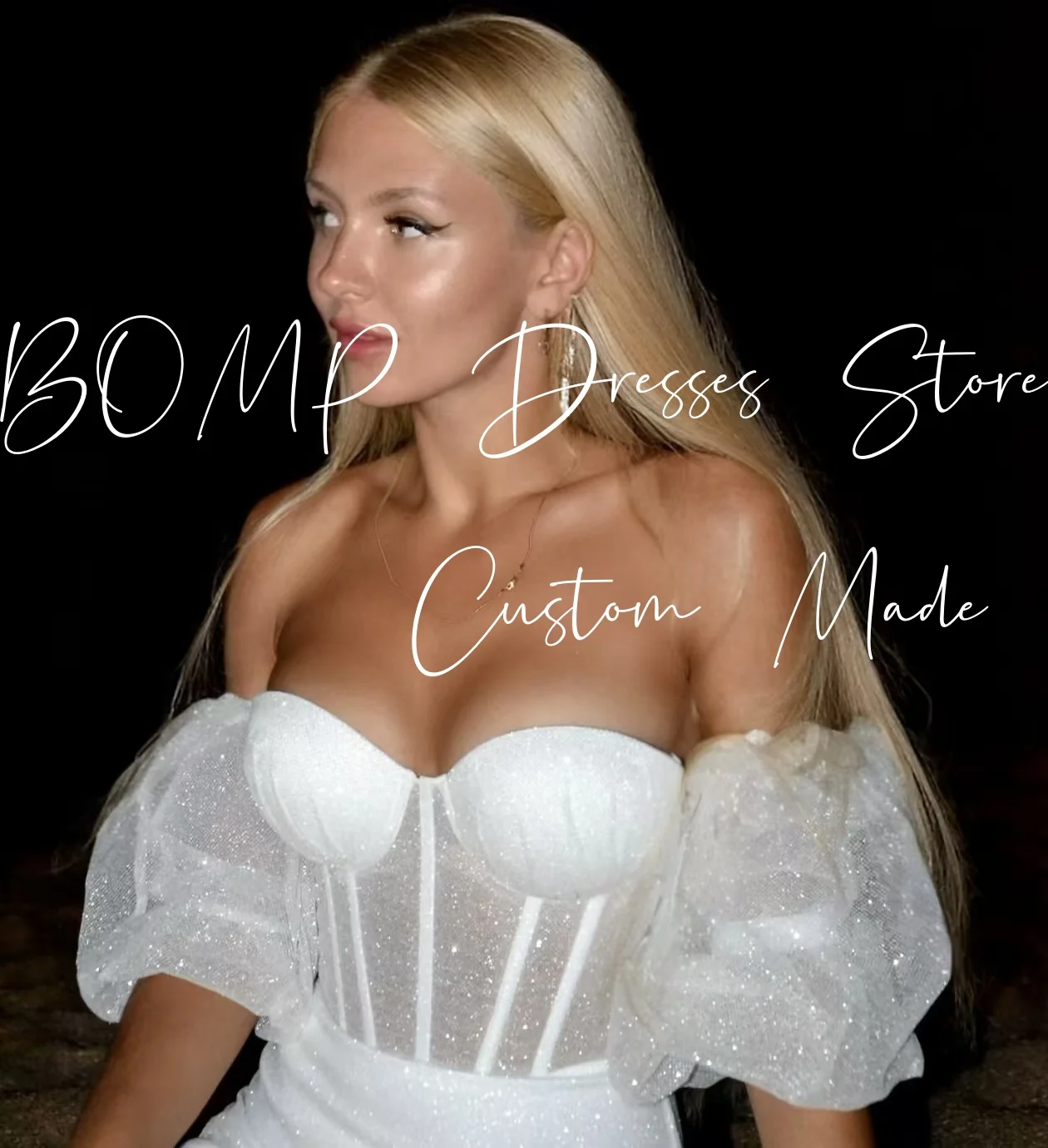 BOMP Elegante abito da cerimonia nuziale bianco con spalle scoperte maniche corte corsetto raso lucido occasione speciale abito corto da ballo personalizzato
