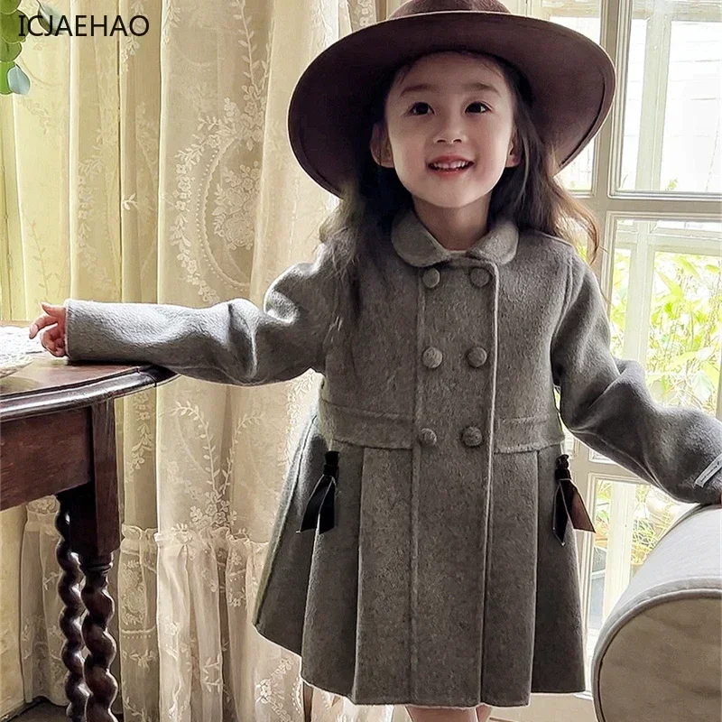 2025 Children's Outdoor Coat Vintage 100% Wool Winter Handmade Kids Girl's Double Cashmere Grey Brown Pleated Outerwear Jackets