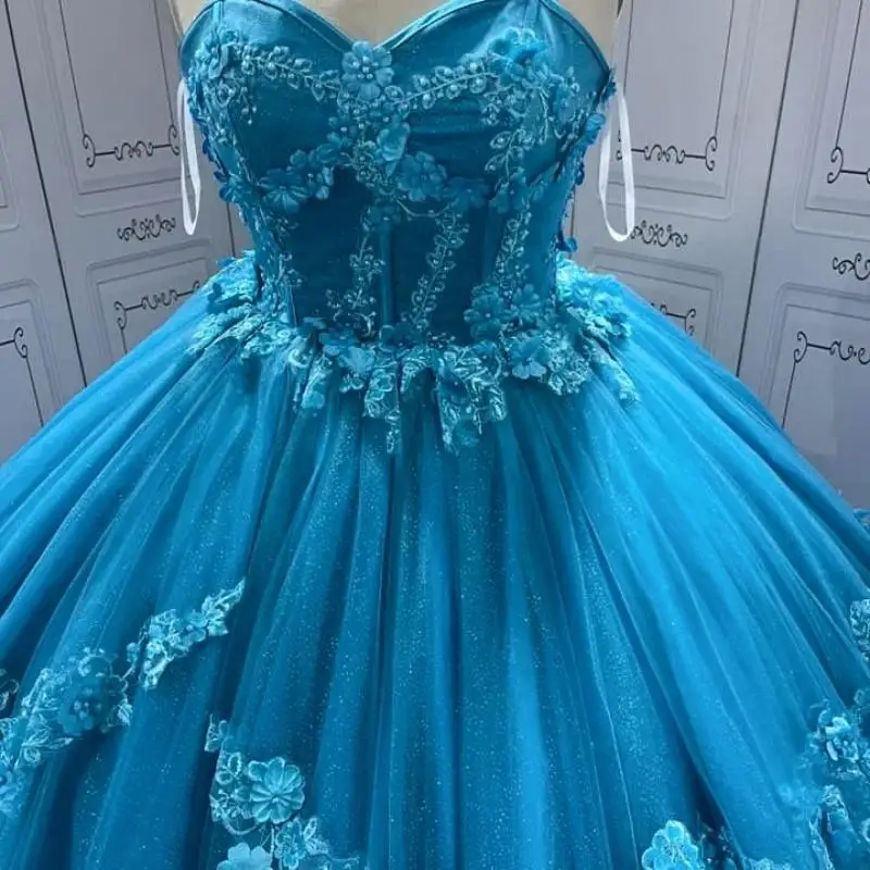 

Customized Blue Princess Sweet 16 Quinceanera Dresses Off The Shoulder Tull Party Birthday Vestido De 15 Anos