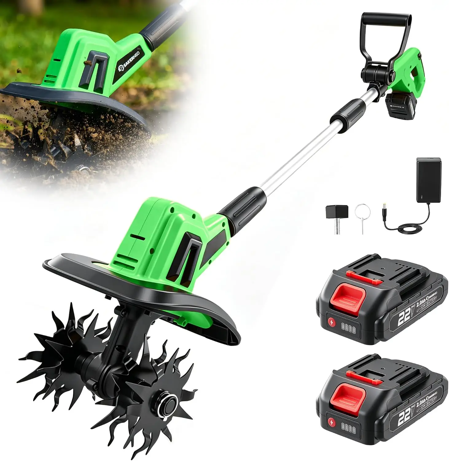 22V Cordless Garden Tiller, Battery-Powered Soil Cultivator and Rototiller