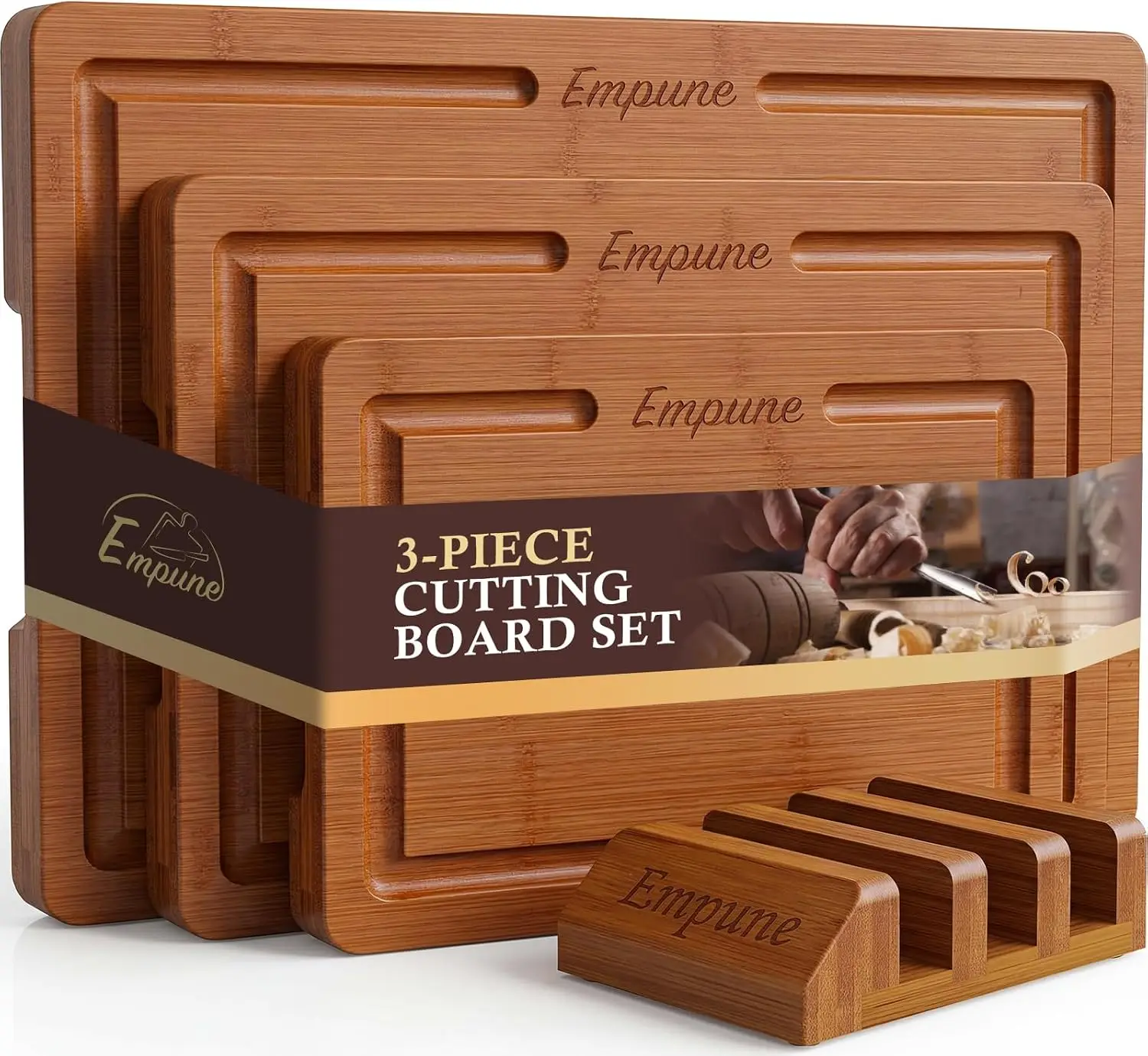 

3-Piece Extra Thick Bamboo Cutting Board Set with Juice Groove, Reversible, Space-Saving Stand