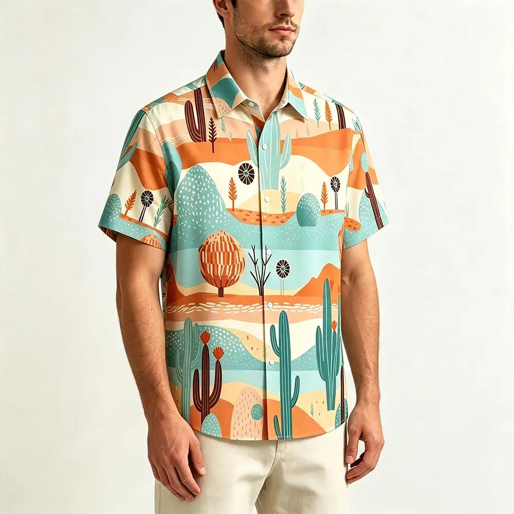 Vintage Desert Cactus Landscape 3D Printed Hawaiian Shirt Summer Men's Lapel Short Sleeve Casual Beach Vacation Button Up Top