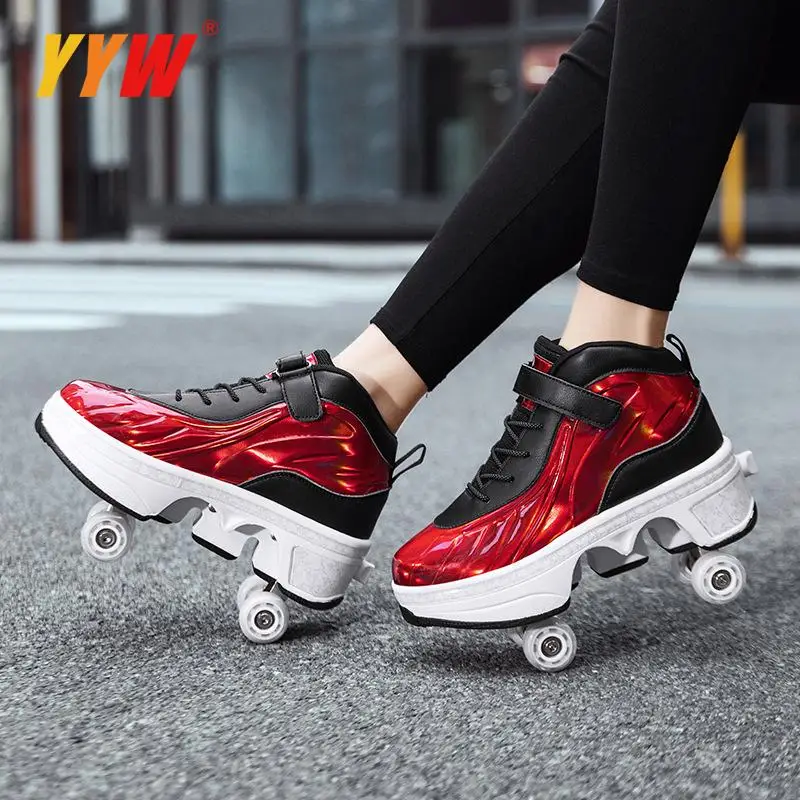 Four Wheels Rounds Of Running Shoes Roller Skates Shoes Deformation Parkour Shoes Roller Shoes Gift For Adult Child Wheels Shoes